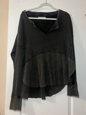 We The Free Black Oversized Mixed-Knit & Suede Panel Sweater